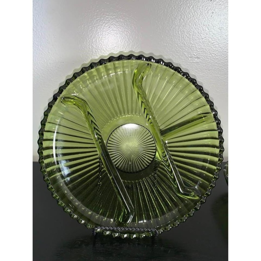 Vintage Indiana Glass Divided Relish Dish Avocado Green Ribbed MCM Serving